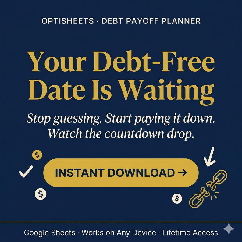 May include: A navy blue graphic with gold text that reads "Your Debt-Free Date Is Waiting." It includes the text "Stop guessing. Start paying it down. Watch the countdown drop." and "Instant Download." The image also features dollar signs and a broken chain graphic.
