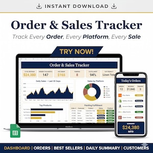 May include: A digital sales tracker displayed on a laptop and smartphone. The laptop screen shows order and sales data, including revenue, orders, and daily sales. The smartphone displays today's orders and revenue. The image includes the text "Order & Sales Tracker".