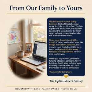May include: A home office scene with a laptop, coffee mug, and framed photo on a wooden desk. The text reads "From Our Family to Yours" and "The OptimiSheets Family". A blue box contains text about the company's mission.