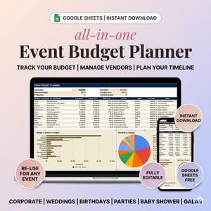 Könnte beinhalten: Eine digitale Event-Budgetplaner-Vorlage für Google Sheets, dargestellt auf einem Laptop- und Smartphone-Bildschirm. Die Benutzeroberfläche enthält Tabellen zur Ausgabenverfolgung, Lieferantenverwaltung und Zeitpläne sowie bunte Balken- und Kreisdiagramme.