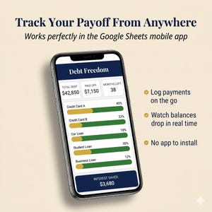 May include: A smartphone displays a debt tracker app interface with the text "Debt Freedom." The app shows total debt, paid off amount, and remaining months. Features include logging payments, real-time balance tracking, and no app installation.