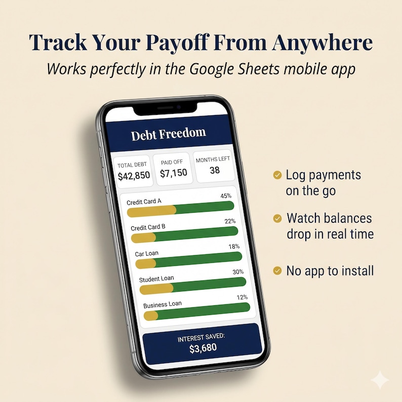 May include: A smartphone displays a debt tracker app interface with the text "Debt Freedom." The app shows total debt, paid off amount, and remaining months. Features include logging payments, real-time balance tracking, and no app installation.