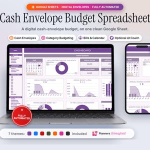 May include: A digital cash envelope budget spreadsheet displayed on a laptop and smartphone screen. The interface features purple and white charts, a calendar, and financial data. Text includes Cash Envelope Budget Spreadsheet, Google Sheets, and Fully Automated.