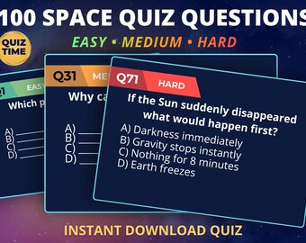 Afdrukbaar Space Trivia-spel, 100 vragen met antwoorden, quiz voor tieners en volwassenen, gezelschapsspel, pdf-bestand direct te downloaden