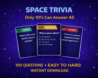 Afdrukbaar Space Trivia-spel, 100 vragen met antwoorden, quiz voor tieners en volwassenen, gezelschapsspel, pdf-bestand direct te downloaden