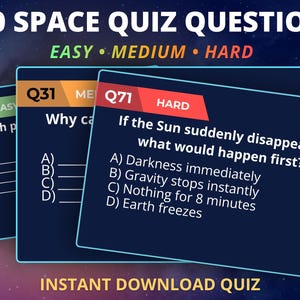 May include: Image of a space quiz with three cards displaying questions of varying difficulty. The cards are dark blue with white text, and the difficulty levels are indicated by colored banners: green for easy, orange for medium, and red for hard. The text "100 SPACE QUIZ QUESTIONS" is at the top.
