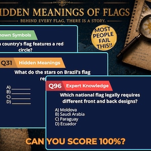 May include: An image promoting a trivia game about flags. The title is "Hidden Meanings of Flags." Three trivia questions are shown on blue cards. A magnifying glass rests on a flag. The text "Can you score 100%?" is at the bottom.