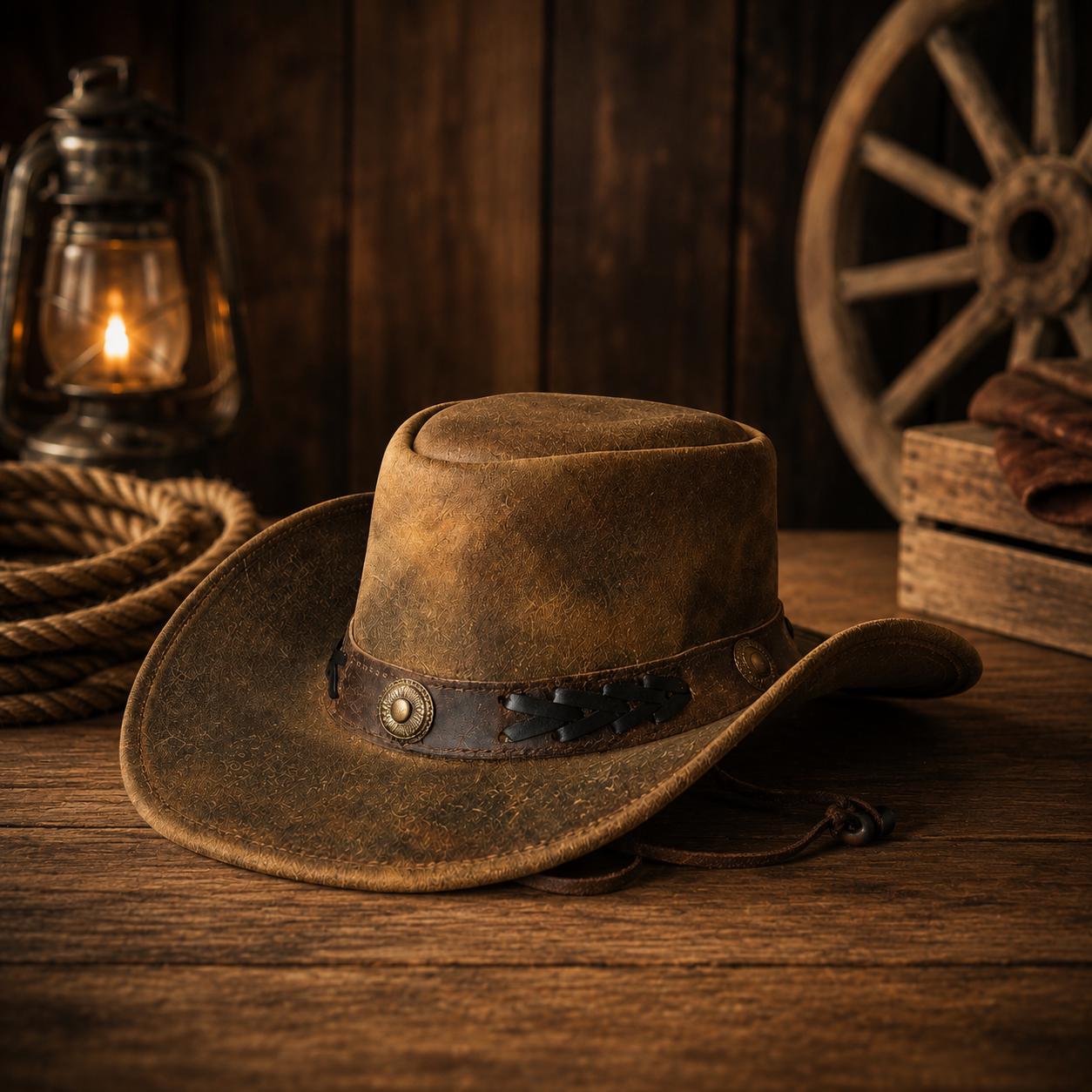 Distressed Brown Leather Cowboy Hat Handcrafted Shapeable Brim