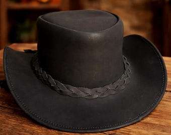 Black Leather Cowboy Hat | Genuine Cowhide Western Outback Rodeo Wide Brim for Men