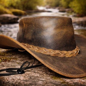 Pode incluir: Um chapéu de cowboy de couro castanho com aspeto envelhecido, aba larga e uma faixa entrançada. O chapéu inclui uma tira preta fina para o queixo com um fecho ajustável, exibindo uma textura desgastada e tons escuros na copa.