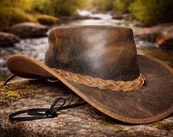 Genuine Leather Cowboy Hat | Distressed Vintage Western Outback | Shapeable Brim | Braided Band