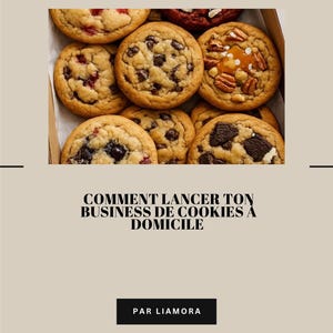 Puede incluir: Una caja llena de galletas redondas variadas con chispas de chocolate, nueces y trozos de fruta. El texto en la imagen dice: COMMENT LANCER TON BUSINESS DE COOKIES A DOMICILE y PAR LIAMORA. Las galletas tienen una textura horneada dorada.