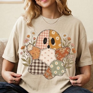 Patchwork Floral Ghost PNG, Quilted Ghost Sublimation, Cottagecore Halloween Shirt Design, Rustic Fall Clipart, DTF Transfer