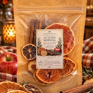 May include: A clear plastic pouch with a kraft paper backing containing dried orange slices and cinnamon sticks. The label reads Sacred Ground Co. Autumn Morning Simmer Pot, with scent notes of citrus, rosemary, apple, and soft spice listed.