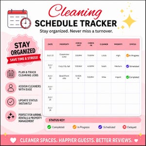 May include: A pink and white cleaning schedule tracker with the text "Cleaning Schedule Tracker." The tracker includes a calendar, clock, and a chart to track cleaning jobs. The chart includes columns for date, property, cleaner, and status.