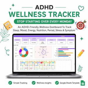 May include: A digital ADHD wellness tracker displayed on a laptop screen, featuring a dashboard with a mood tracker pie chart, a wellness wheel, a symptom bar graph, and a daily habit tracker with icons for sleep, energy, nutrition, and stress.