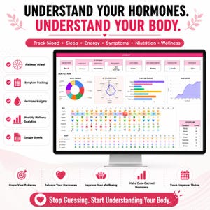 Puede incluir: Un rastreador digital de hormonas y bienestar en un monitor de computadora. La interfaz muestra gráficos y registros diarios de estado de ánimo, sueño, energía y síntomas. El texto incluye "Understand Your Hormones. Understand Your Body."