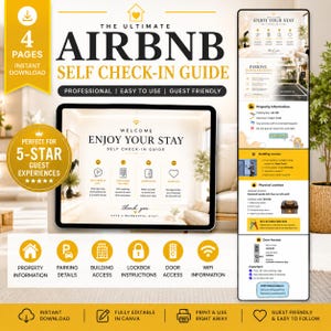 以下が含まれることがあります： 「The Ultimate Airbnb Self Check-in Guide」というテキストが入った、Airbnbのセルフチェックイン用デジタルガイド。物件情報、駐車場詳細、建物へのアクセス、キーボックスの説明、ドアへのアクセス、Wi-Fi情報などのセクションが含まれています。ゲストフレンドリーなデザインです。