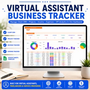Virtual Assistant Dashboard Google Sheets | Client CRM, Project Management, Income Expense Tracker, VA Business Tracker Template
