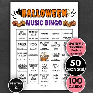 Puede incluir: Una tarjeta de juego Halloween Music Bingo con texto naranja, calabazas, un gato negro y un fantasma. La cuadrícula contiene títulos de canciones y nombres de artistas. Círculos indican listas de reproducción de Spotify y YouTube, 50 canciones, 100 tarjetas.
