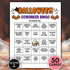 May include: A Halloween Coworker Bingo game sheet featuring a grid of prompts, orange and purple text, illustrations of pumpkins, a black cat, a ghost, and a central ghost using a laptop. Includes two circular badges stating US LETTER & A4 and 50 CARDS!!