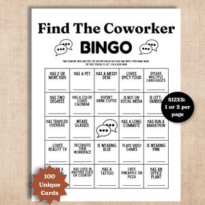 Puede incluir: Una hoja de juego BINGO Find The Coworker blanca con texto y líneas de cuadrícula en negro. La tarjeta presenta veinticinco cuadrados con indicaciones como Has A Pet y Has A Tattoo. Un círculo negro indica SIZES: 1 or 2 per page y una estrella marrón 100 Unique Cards.