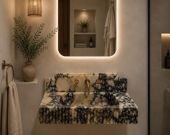 Calacatta Viola Marble Sink and Backsplash, Unique Marble Basin, Custom Size Hand Carved Viola Marble Sink, Bathroom Vanity