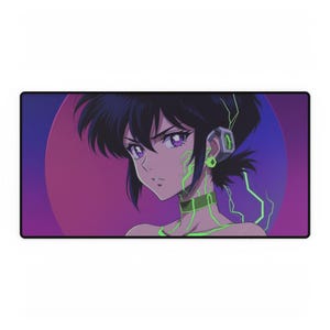 May include: A rectangular mouse mat with an anime-style illustration of a woman with black hair and purple eyes. The woman has green circuitry designs on her face and neck, set against a purple and pink background.