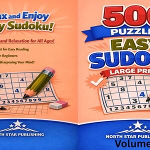 Könnte beinhalten: Buchcover für Easy Sudoku-Rätsel mit großem Druck. Das Cover zeigt ein Sudoku-Gitter mit Bleistift, Radiergummi und einer Tasse Kaffee. Der Text lautet "500 Puzzles" und "Relax and Enjoy Easy Sudoku!"