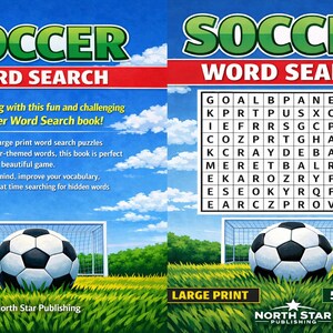 Puede incluir: Un libro de búsqueda de palabras con temática de fútbol, con un cielo azul y un balón en un campo verde. La portada muestra "Soccer Word Search", con "Large Print" y "50 Puzzles!" también visibles.