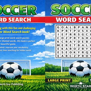 Könnte beinhalten: Doppelseite eines Fußball-Wortsuchbuchs. Das Cover zeigt einen Fußball vor einem Tor auf einem grünen Feld unter blauem Himmel. Text enthält "Soccer Word Search" und "Large Print" mit 100 Rätseln.