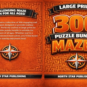 Może przedstawiać: Okładka książki z puzzlami z żywym pomarańczowym tłem i wzorem labiryntu. Okładka zawiera tekst "300 Puzzle Bundle Mazes" dużymi, pogrubionymi literami oraz tekst "Challenging Maze Fun for All Ages!"