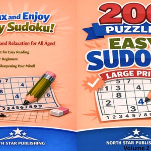 Könnte beinhalten: Zwei Easy Sudoku-Puzzlebücher mit Bleistiften und einer Kaffeetasse. Das linke Buchcover lautet "Relax and Enjoy Easy Sudoku!" und das rechte Buchcover lautet "200 Puzzles Easy Sudoku". Beide Bücher sind in Großdruck und für alle Altersgruppen geeignet.