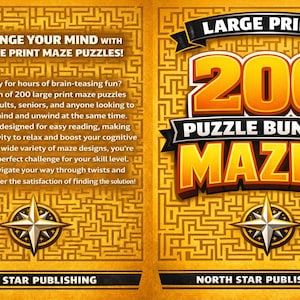 Może przedstawiać: Okładka książki ze złotym tłem z wzorem labiryntu. Okładka zawiera tekst „CHALLENGE YOUR MIND with 200 LARGE PRINT MAZE PUZZLES!” i „200 PUZZLE BUNDLE MAZES”. Obecna jest również grafika róży wiatrów.
