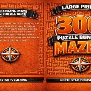 May include: A puzzle book cover with a vibrant orange background and a maze pattern. The cover features the text "300 Puzzle Bundle Mazes" in large, bold letters, and the words "Challenging Maze Fun for All Ages!"