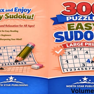 Könnte beinhalten: Ein Buchcover für Easy Sudoku-Rätsel mit einer Kaffeetasse, Bleistiften und einem Sudoku-Raster. Das Cover enthält den Text "Relax and Enjoy Easy Sudoku!" und "300 Puzzles Easy Sudoku". Das Buch ist Band 2.