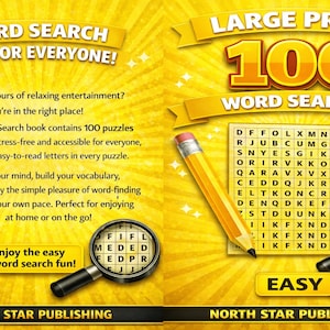 Könnte beinhalten: Ein gelb-weißes Wortsuchrätselbuch mit dem Text "WORD SEARCH FUN FOR EVERYONE!" und "LARGE PRINT 100 WORD SEARCH." Enthält Bleistifte und Lupen. Das Buch enthält 100 Rätsel.