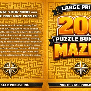 May include: A book cover with a gold maze pattern background. The cover features the text "CHALLENGE YOUR MIND with 200 LARGE PRINT MAZE PUZZLES!" and "200 PUZZLE BUNDLE MAZES". A compass rose graphic is also present.
