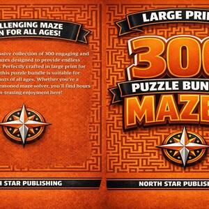 Może przedstawiać: Okładka książki z puzzlami z żywym pomarańczowym tłem i wzorem labiryntu. Okładka zawiera tekst "300 Puzzle Bundle Mazes" dużymi, pogrubionymi literami oraz słowa "Challenging Maze Fun for All Ages!"