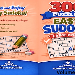May include: A book cover with the title "300 Puzzles Easy Sudoku" in red and green. The cover features a sudoku puzzle, pencils, and a coffee cup. The text "Relax and Enjoy Easy Sudoku!" is also visible.