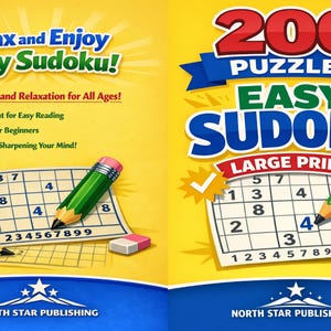 May include: Two-page spread featuring Easy Sudoku puzzles. The left side shows a coffee cup, pencils, and a Sudoku grid. The right side displays a Sudoku grid with a pencil and the text "200 Puzzles Easy Sudoku". Both pages have a yellow background.