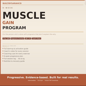 Puede incluir: Gráfico beige y marrón con el texto "MUSCLE GAIN PROGRAM" en letras grandes y en negrita. La imagen incluye una lista de características, como una guía completa de calentamiento, notas del entrenador y un plan progresivo de 8 semanas. También se incluye el texto "Progresivo. Basado en la evidencia. Construido para resultados reales".