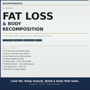 Programa de pérdida de grasa de 8 semanas en PDF / Plan de entrenamiento corporal completo de 4 días / Recomposición corporal / Guía cardiovascular / Sección de mentalidad / Descarga instantánea