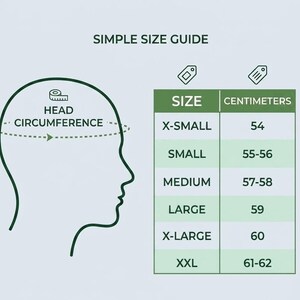 May include: A simple size guide chart with a dark green outline of a human head showing head circumference and a table listing sizes from X-Small to XXL with corresponding measurements in centimeters ranging from 54 to 62 centimeters.