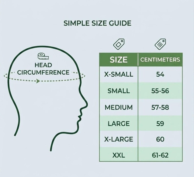 May include: A simple size guide chart with a dark green outline of a human head showing head circumference and a table listing sizes from X-Small to XXL with corresponding measurements in centimeters ranging from 54 to 62 centimeters.