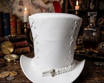 White Leather Steampunk Top Hat with Skull Accent – Gothic Victorian Cosplay