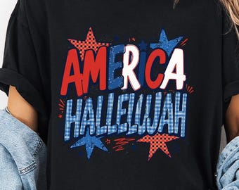Camiseta Comfort Colors America Hallelujah, camiseta gráfica patriótica vintage premium, prenda estética de alta calidad para el 4 de julio.