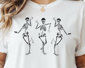 Vintage Dancing Skeletons T-Shirt, Retro Halloween Graphic Tee, Spooky Season Funny Skeleton Trio Top