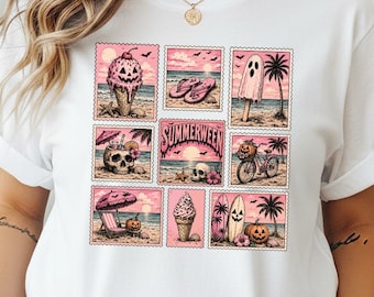 Pink Summoween T-Shirt, Retro Spooky Summer Beach Graphic Tee, Vintage Ghost Pumpkin Halloween Vacation Top