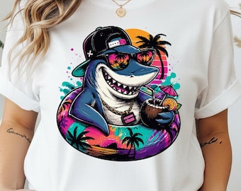 Camiseta Cool Shark Summer Vibes, divertida camiseta con estampado tropical, estilo retro neón, regalo ideal para vacaciones en la playa oceánica.